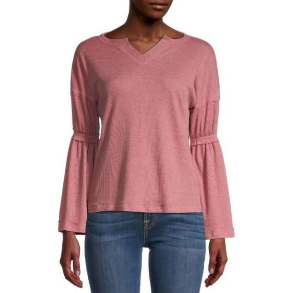 Baea Thermal Waffle Knit V-neck Tiered Bell Sleeve Top Size Medium Boho Bohemian